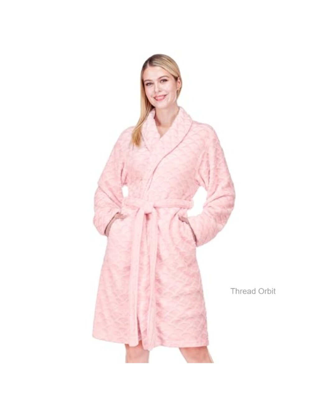 Plush Fleece Microfiber Bathrobe for Women Mid Length Kimono Wrap with Pockets